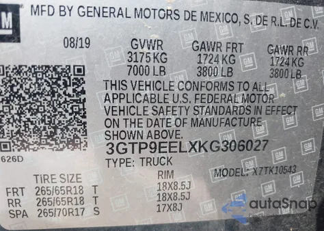 2019 GMC Sierra 1500 At4 из США, поврежденный, VIN 3GTP9EELXKG306027